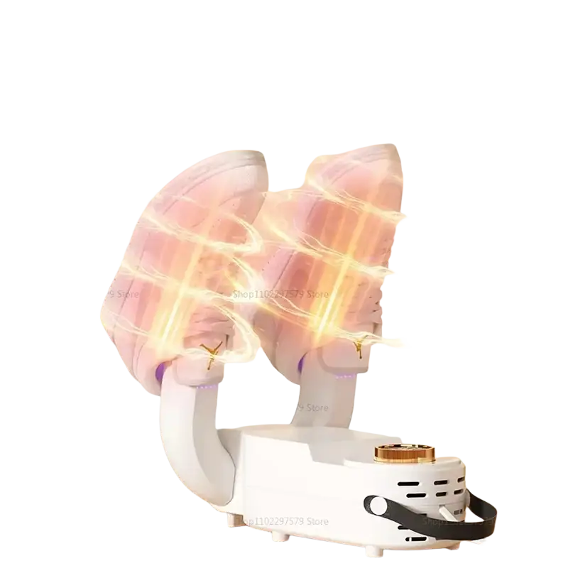 White electric shoe dryer with gold-toned accents and black strap designed to dry boots and socks efficiently