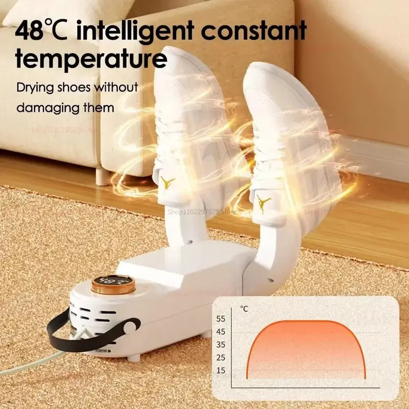 White portable electric shoe dryer with dual heated slots drying shoes safely at a constant 48°c temperature