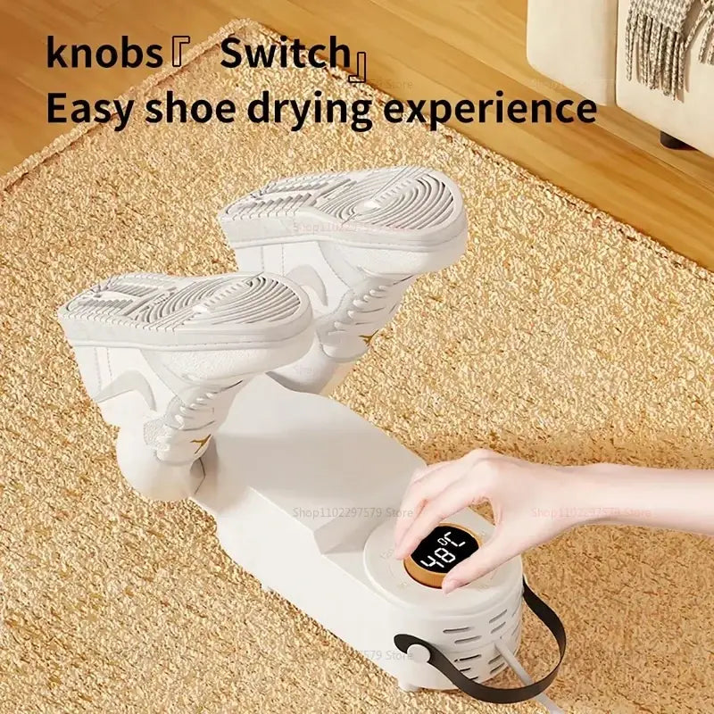 White portable electric shoe dryer and warmer with digital temperature display and adjustable knobs for easy shoe drying