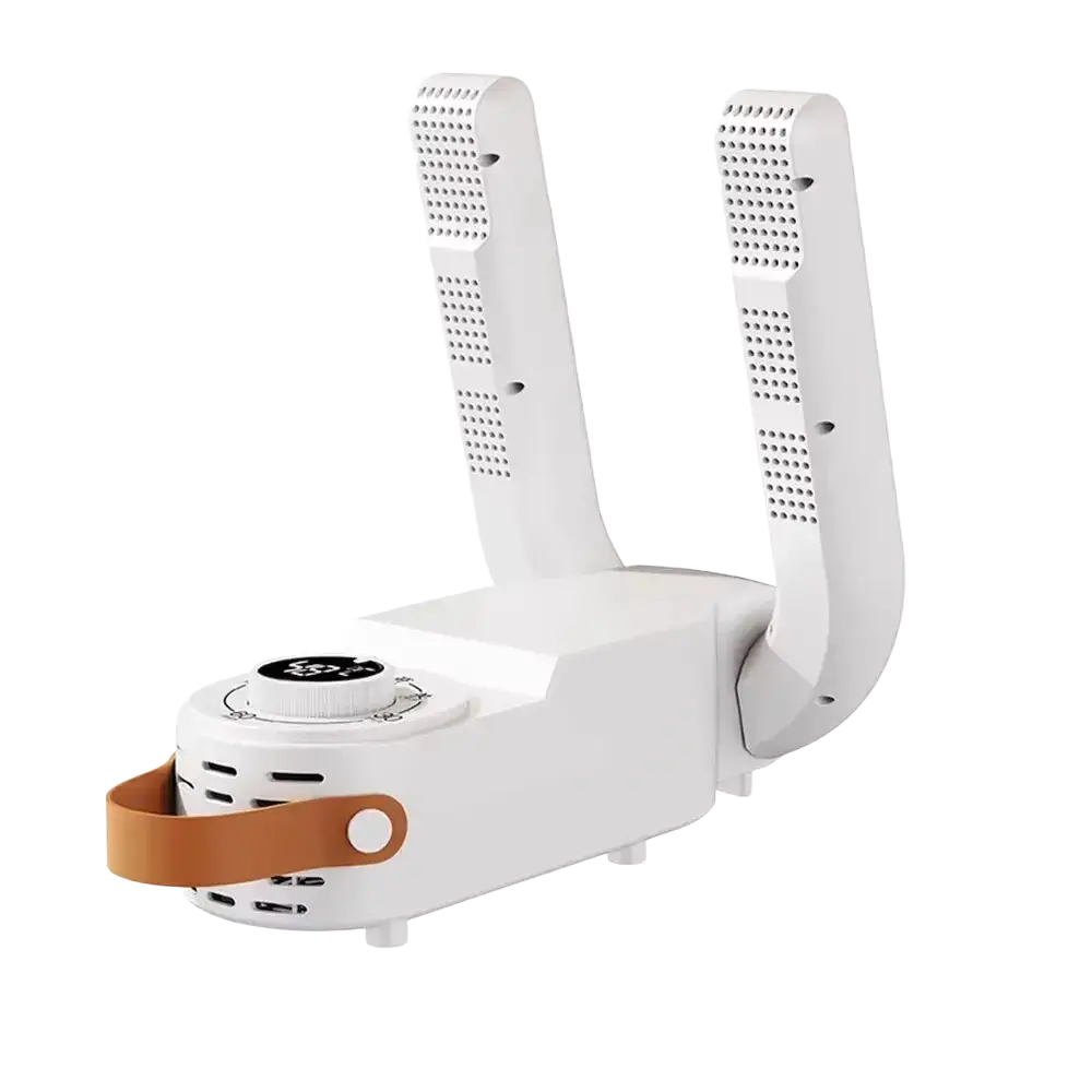 White plastic and leather strap portable electric shoe dryer with two adjustable heating arms for efficient drying