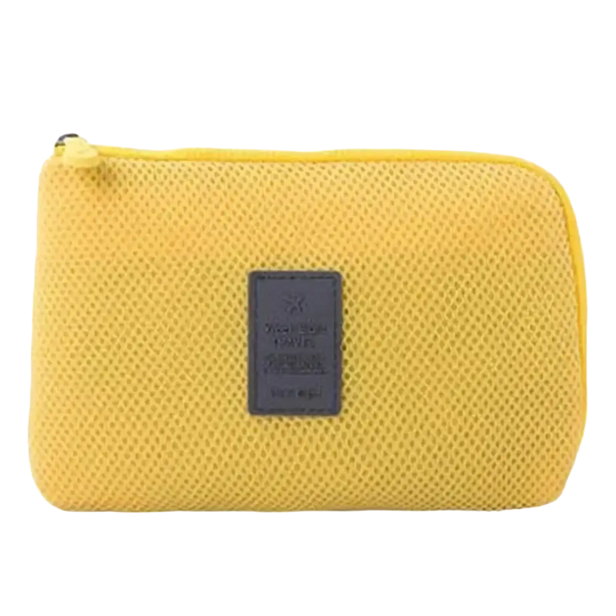 Bright yellow mesh portable electronic cable travel organizer bag with dark gray label on the front for easy storage