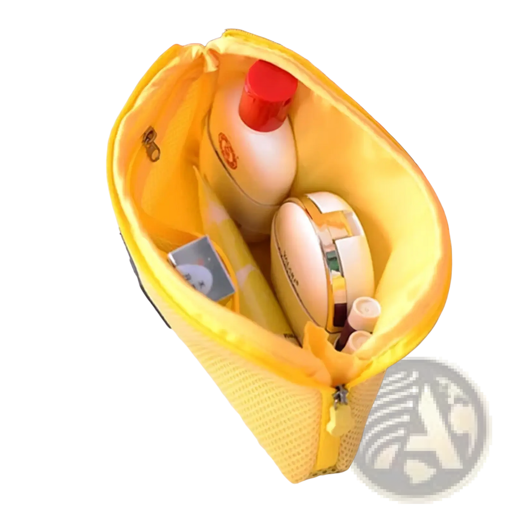 Bright yellow mesh portable electronic cable travel organizer bag with zipper closure containing cosmetic items
