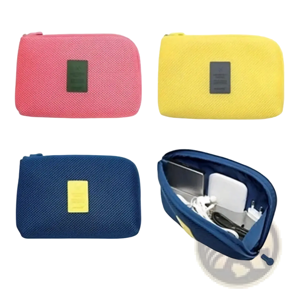 Compact portable electronic cable travel organizer bag in textured pink fabric with contrasting label patch and zipper closure