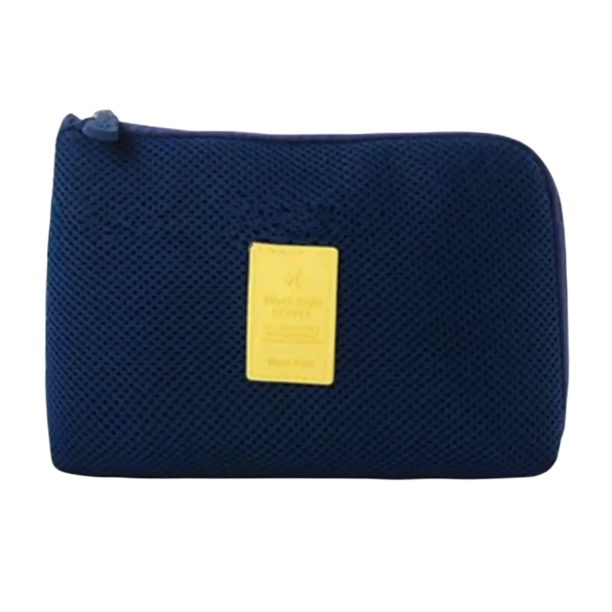 Navy blue mesh portable electronic cable travel organizer bag with a yellow label and gray zipper pull