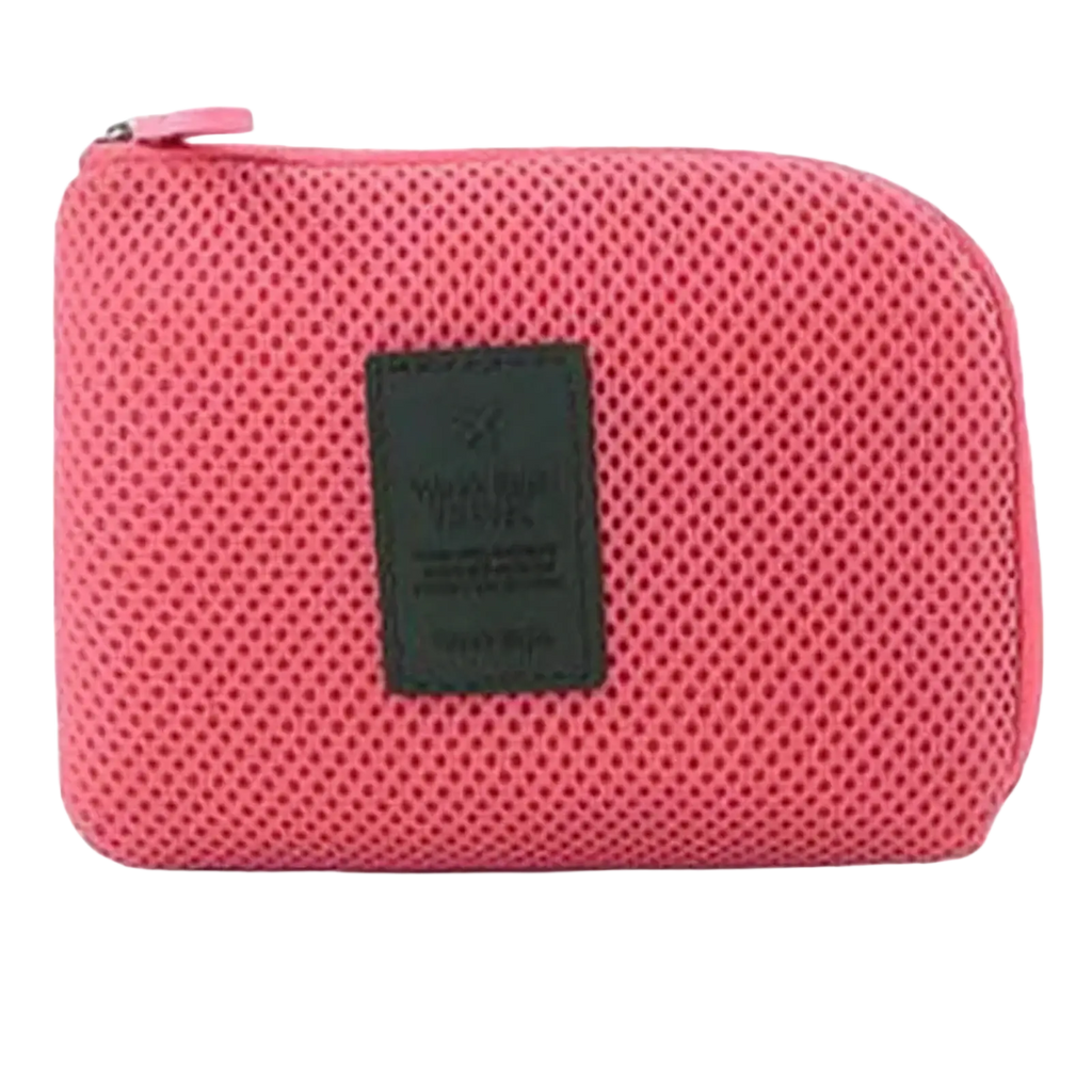 Portable electronic cable travel organizer bag in pink mesh with a dark green leather patch for easy storage