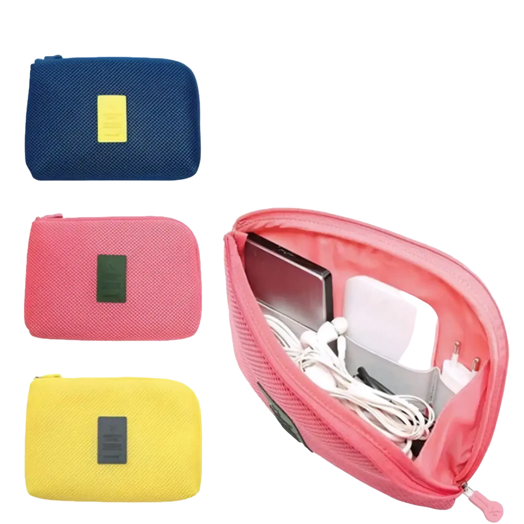 Portable electronic cable travel organizer bag in pink mesh with zipper closure and black accent patches