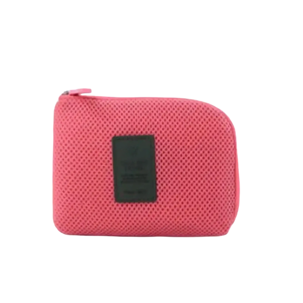 Pink mesh portable electronic cable travel organizer bag with black rectangular label on the front