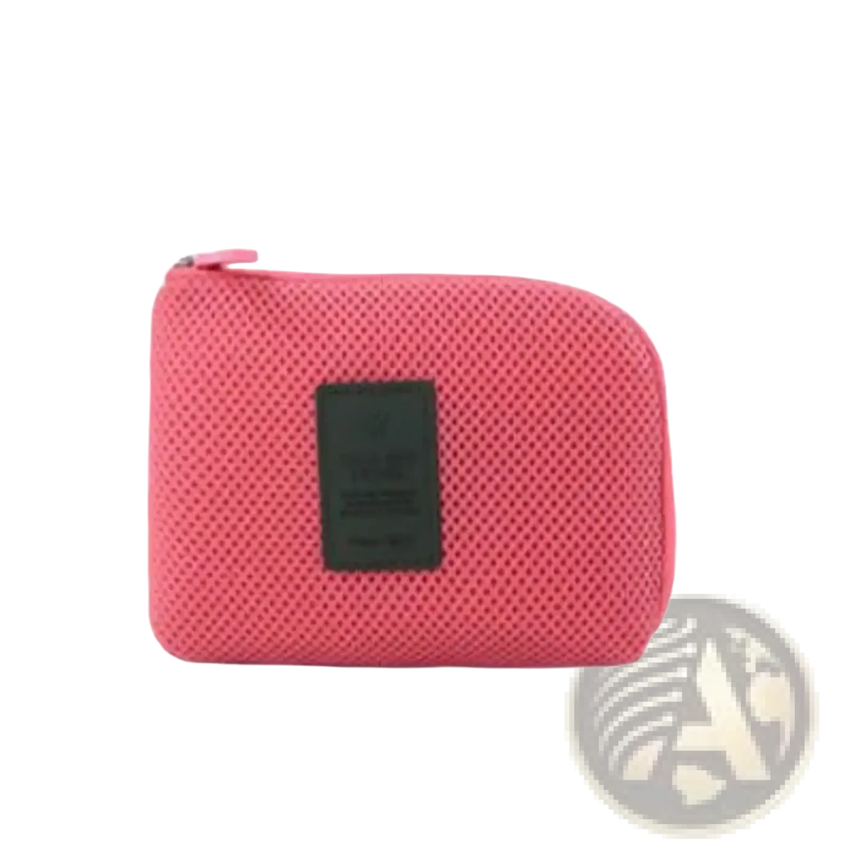 Pink mesh portable electronic cable travel organizer bag with black rectangular label on the front