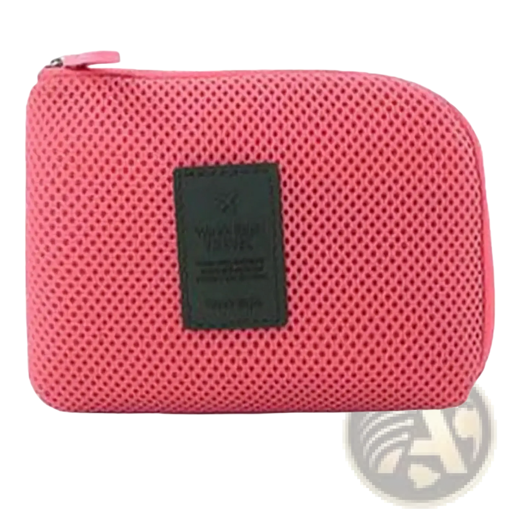 Portable electronic cable travel organizer bag in pink mesh with dark green leather patch for efficient storage