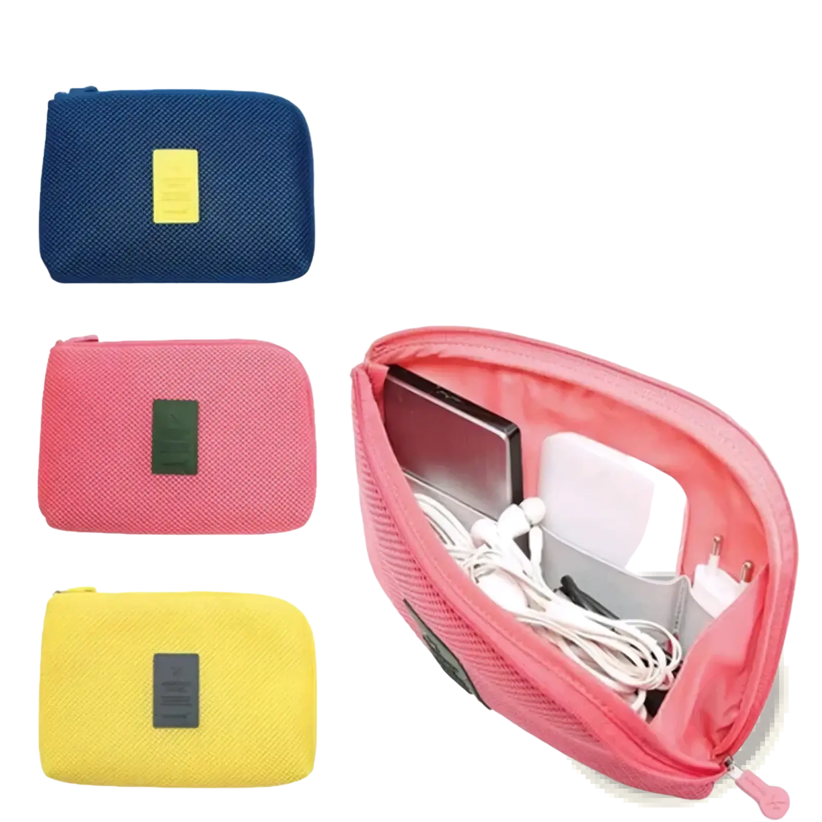 Portable electronic cable travel organizer bag in pink mesh with zipper closure and black accent patches