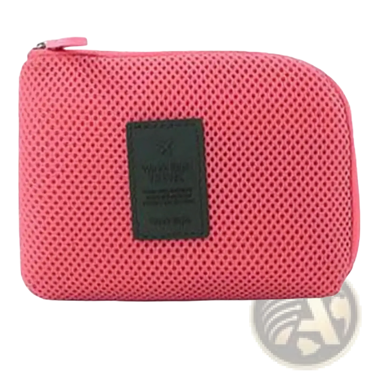 Portable electronic cable travel organizer bag in pink mesh with a dark green leather patch for easy storage