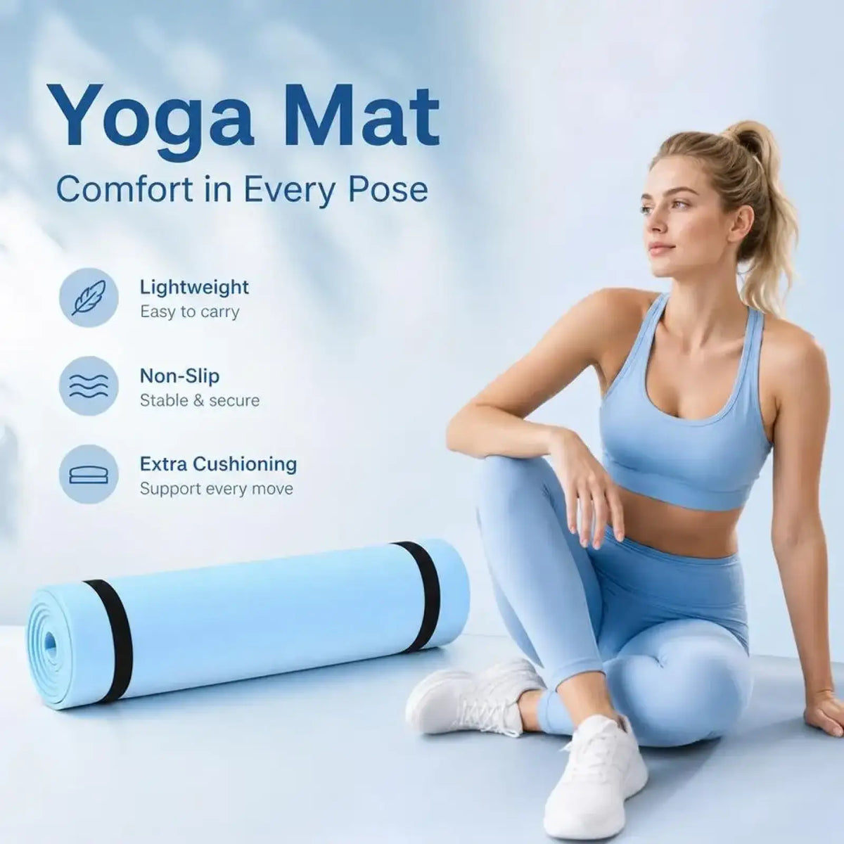 Light blue portable EVA exercise mat with black edge straps rolled for fitness and camping use