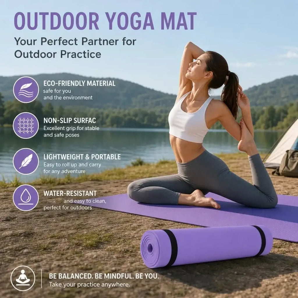 Purple portable eva exercise mat with black rolled edge designed for eco-friendly non-slip fitness and camping use