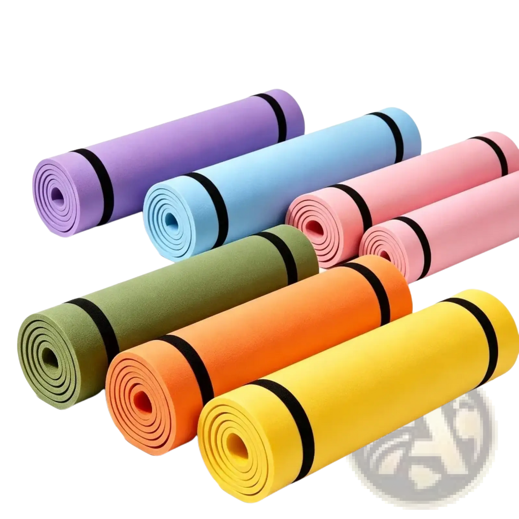 A set of colorful portable Eva exercise mats in pastel and vibrant hues with black elastic bands for fitness and camping