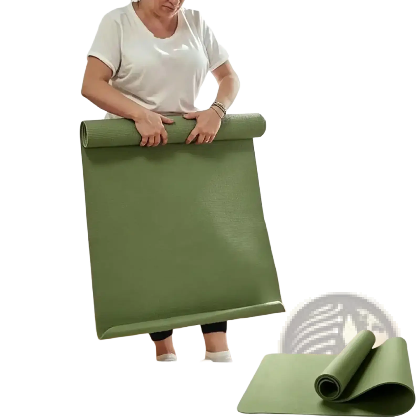A portable olive green eva exercise mat with a textured surface rolled up for fitness and camping use
