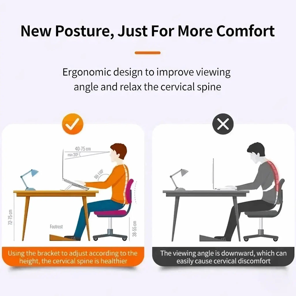 Portable foldable ergonomic laptop stand with adjustable height bracket for improved viewing angle and cervical support