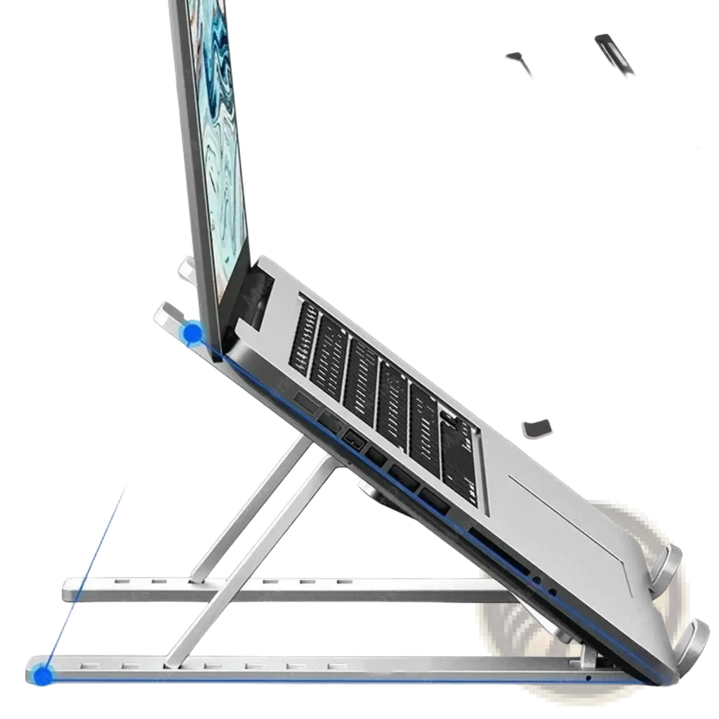 Silver aluminum portable foldable laptop stand with adjustable height and ergonomic abs holder design