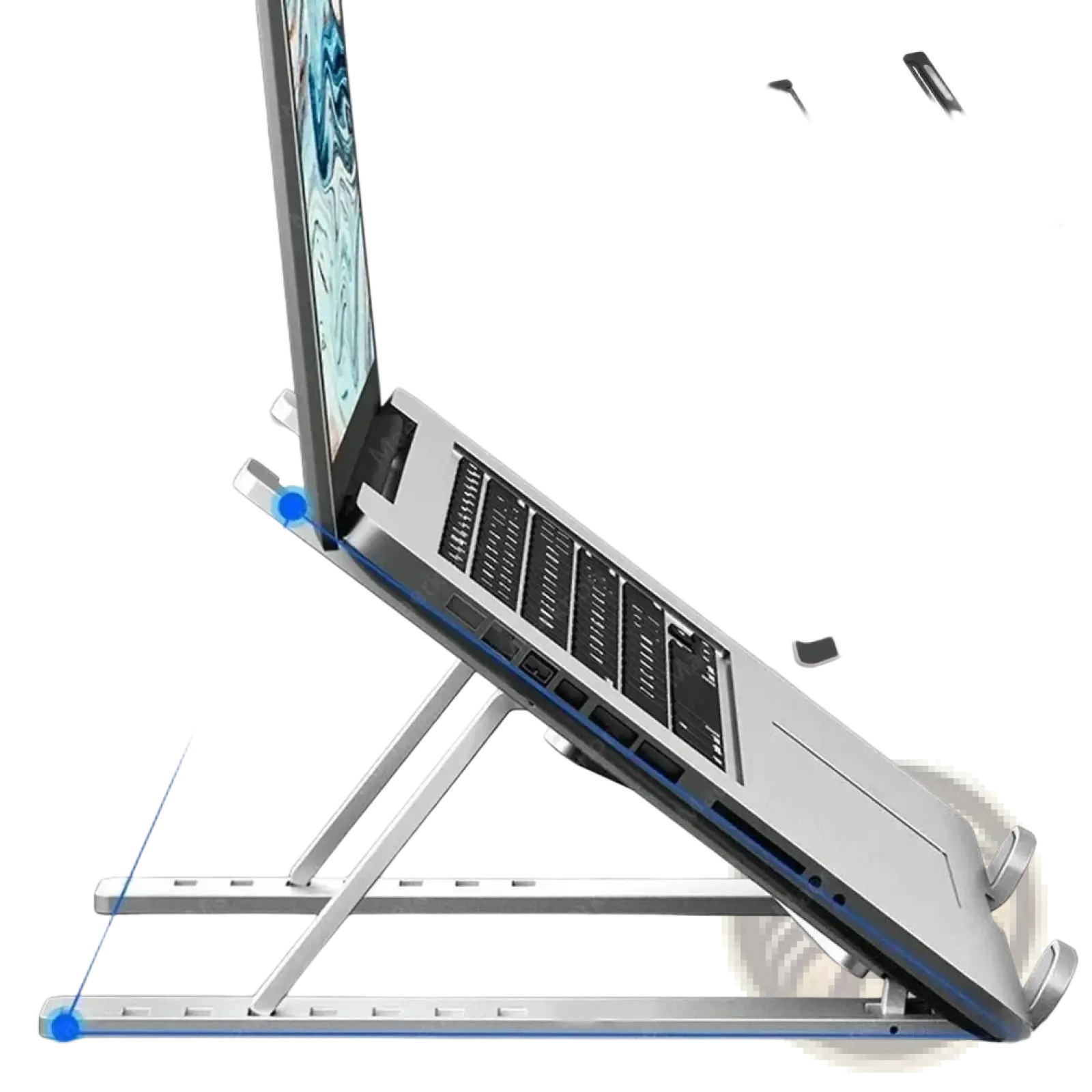 Silver aluminum portable foldable laptop stand with adjustable height and ergonomic abs holder design
