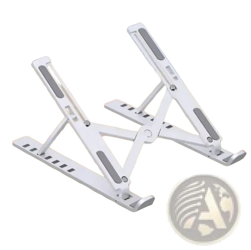 White adjustable portable foldable laptop stand with gray rubberized grip pads and minimalist design