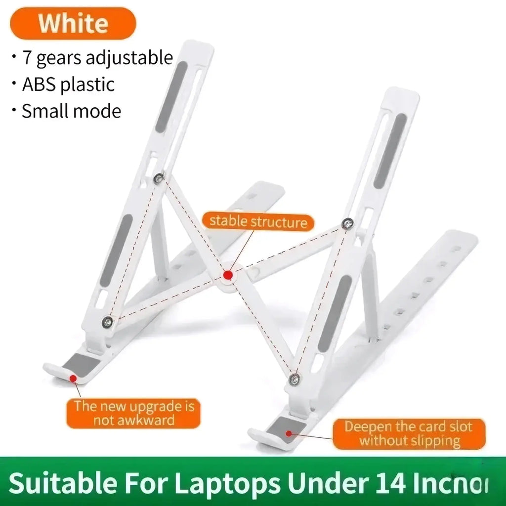 Portable foldable white abs plastic laptop stand with seven adjustable gears and a stable structure for ergonomic use