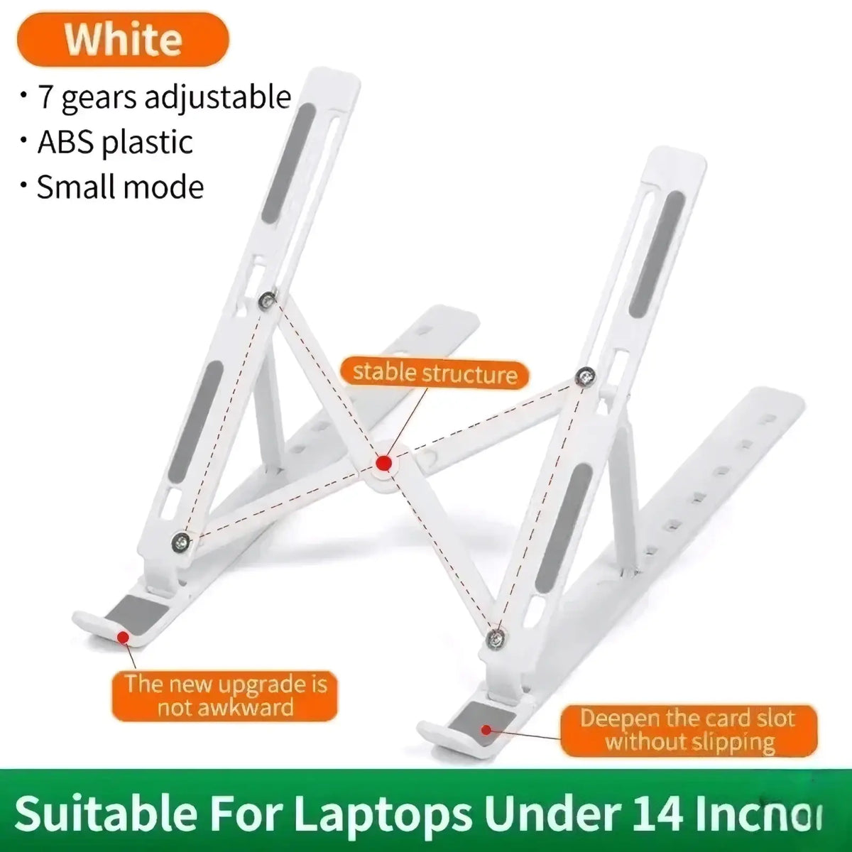 Portable foldable white abs plastic laptop stand with seven adjustable gears and a stable structure for ergonomic use