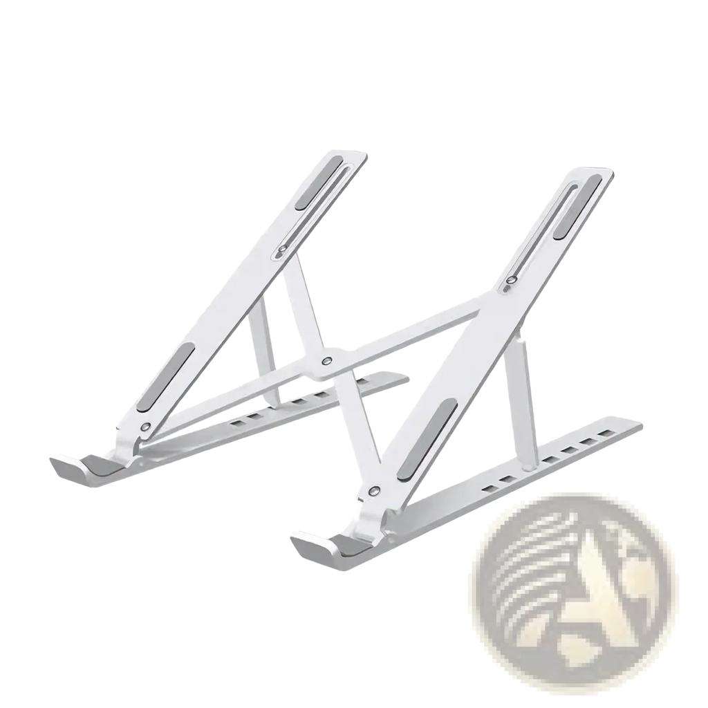 Silver metallic portable foldable laptop stand with adjustable height angle and sleek minimalist design for abs holder