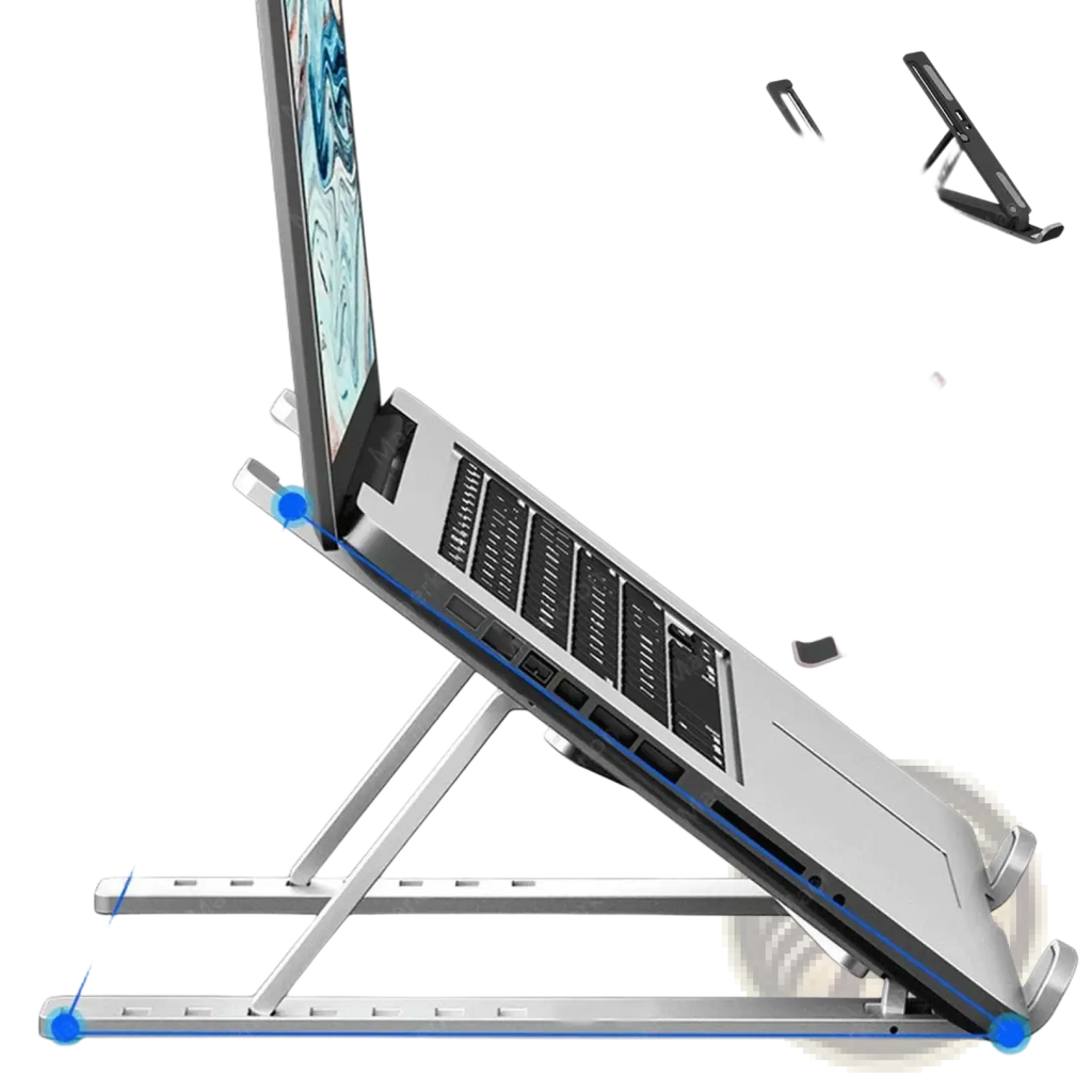 Silver aluminum portable foldable laptop stand with adjustable height and compact design for notebook support