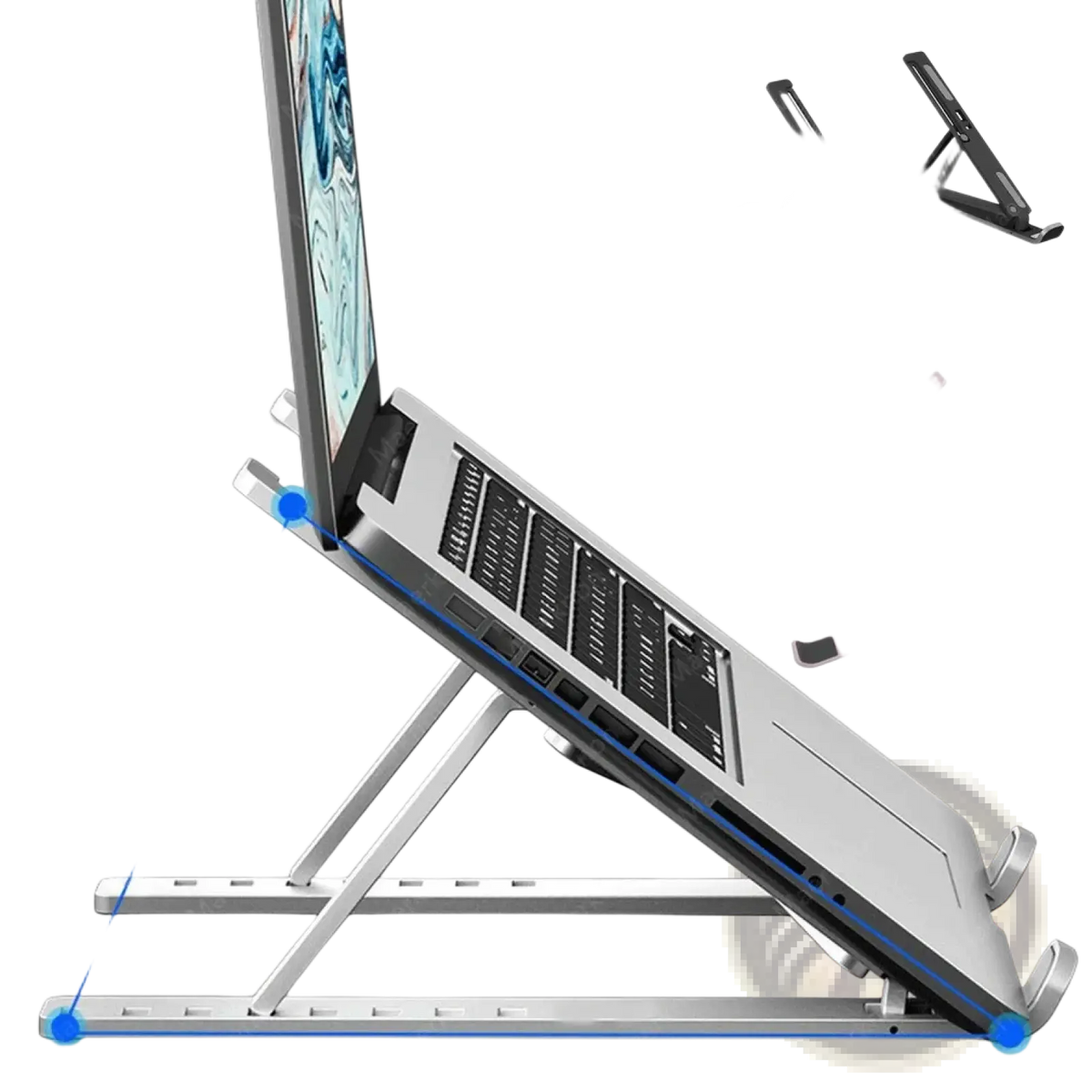 Silver aluminum portable foldable laptop stand with adjustable height and compact design for notebook support