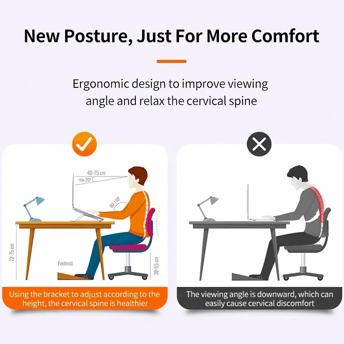 Adjustable ergonomic portable foldable laptop stand in aluminum with minimalist design for cervical spine support