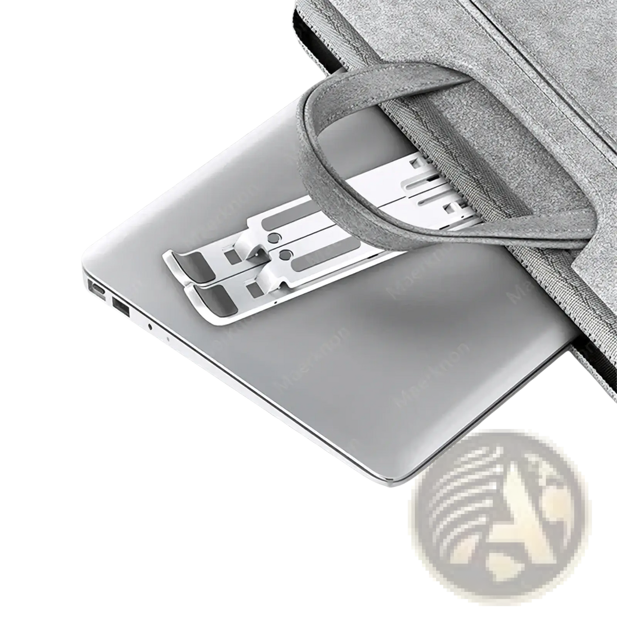 Silver metallic foldable laptop stand with sleek minimalist design for portable adjustable notebook support