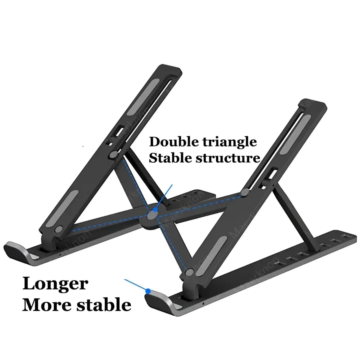 Portable foldable black adjustable laptop stand with double triangle stable structure and longer base for enhanced stability