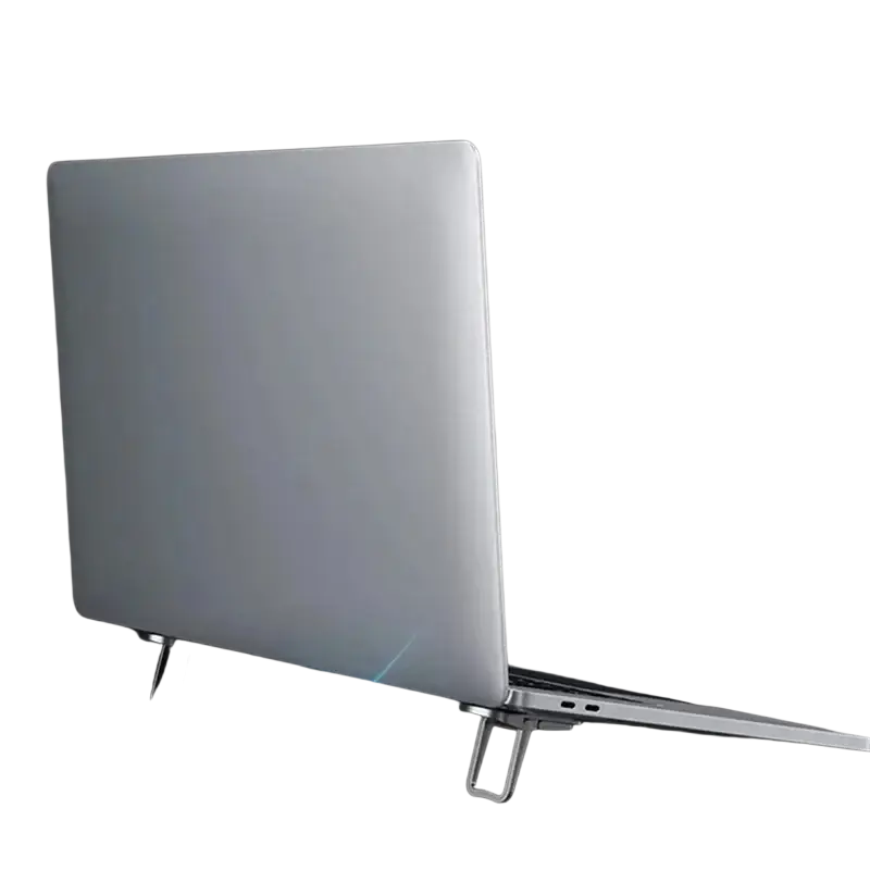 Silver portable foldable laptop stand with adjustable legs and minimalist design for optimal heat dissipation
