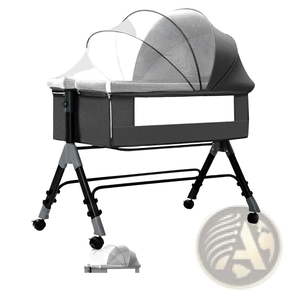 Black and gray fabric portable folding baby crib with mesh canopy, adjustable legs, wheels, mosquito net, and mattress