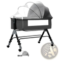 Black and gray fabric portable folding baby crib with mesh canopy, adjustable legs, wheels, mosquito net, and mattress