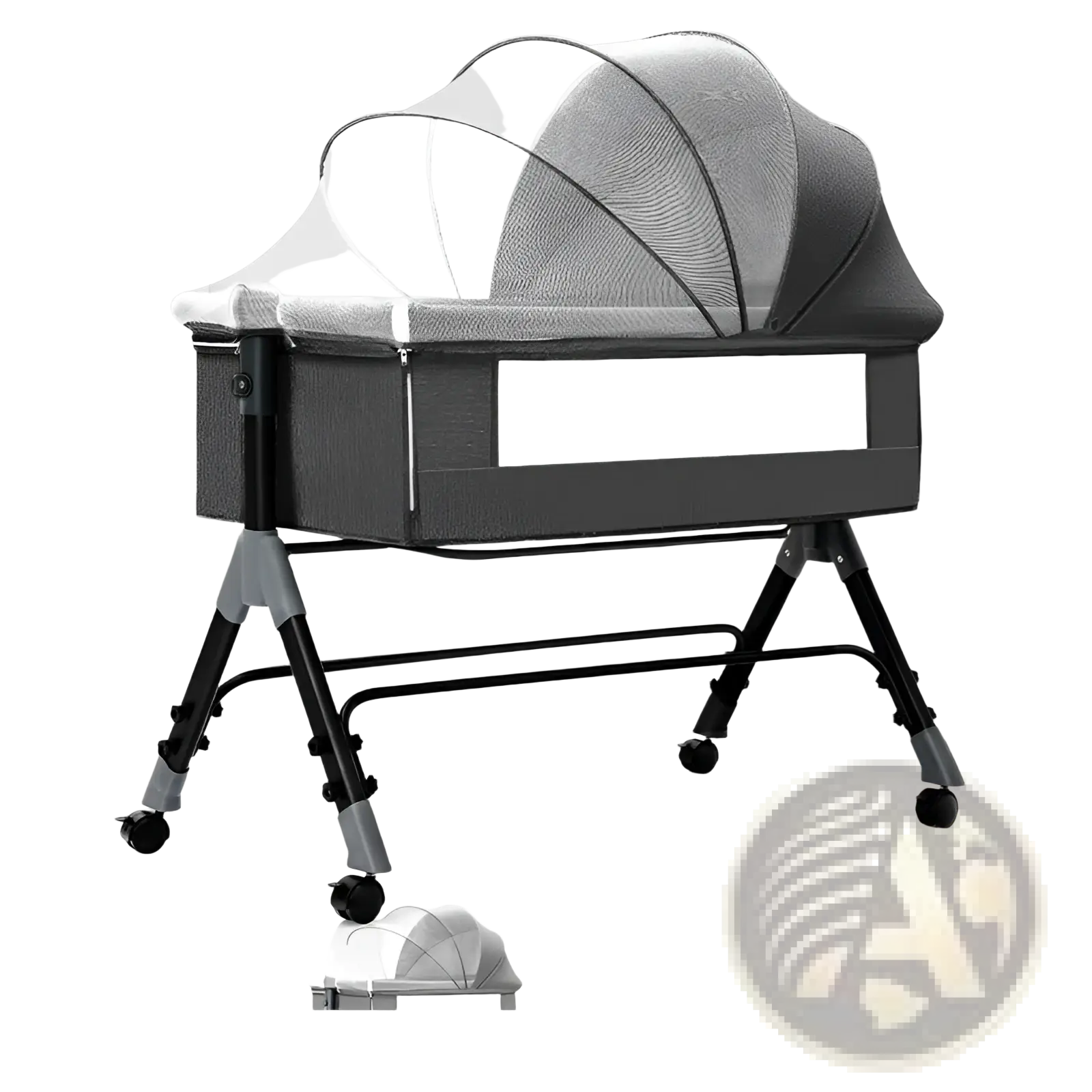 Black and gray fabric portable folding baby crib with mesh canopy, adjustable legs, wheels, mosquito net, and mattress