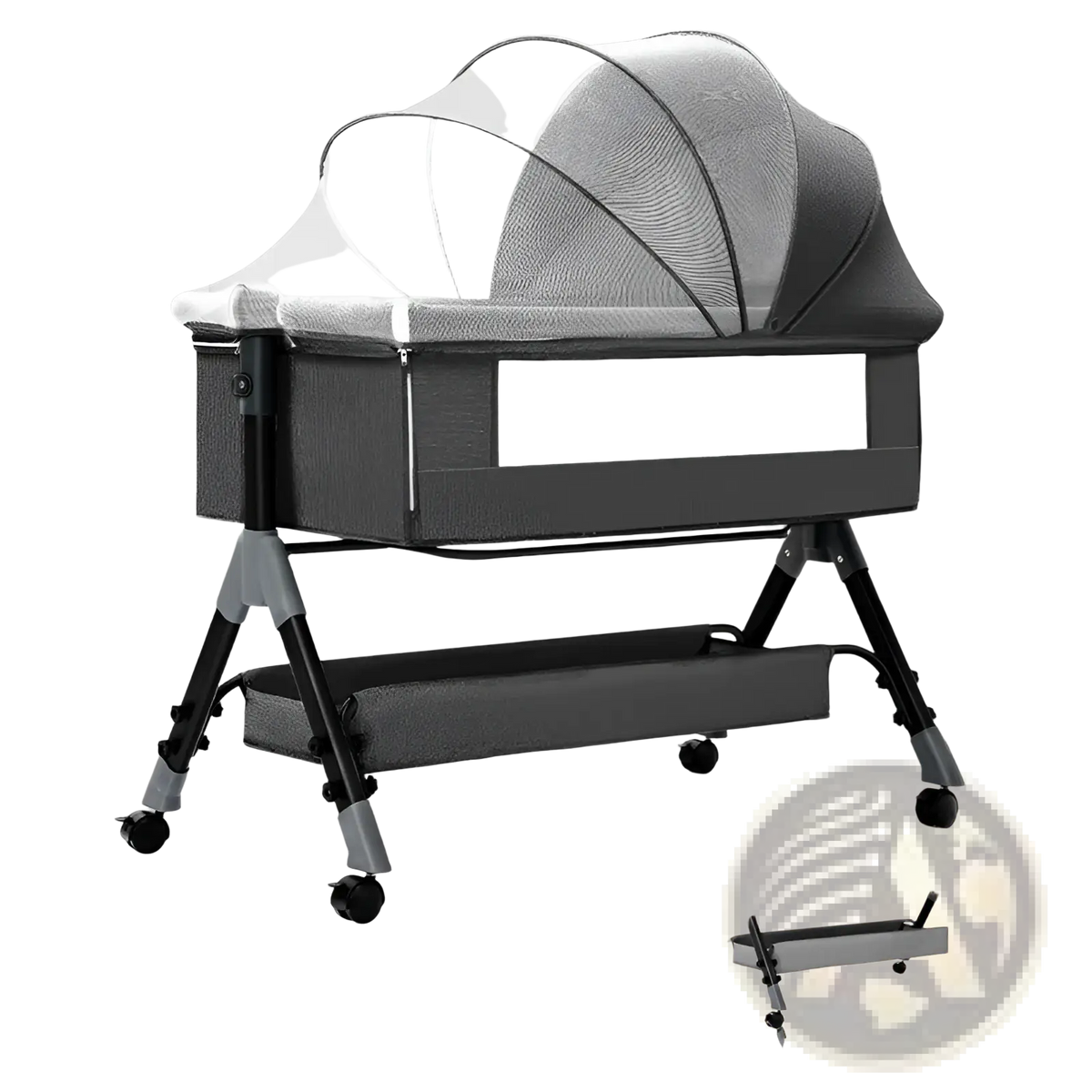 Portable folding baby crib in black and gray with mesh canopy adjustable legs and wheels for easy mobility