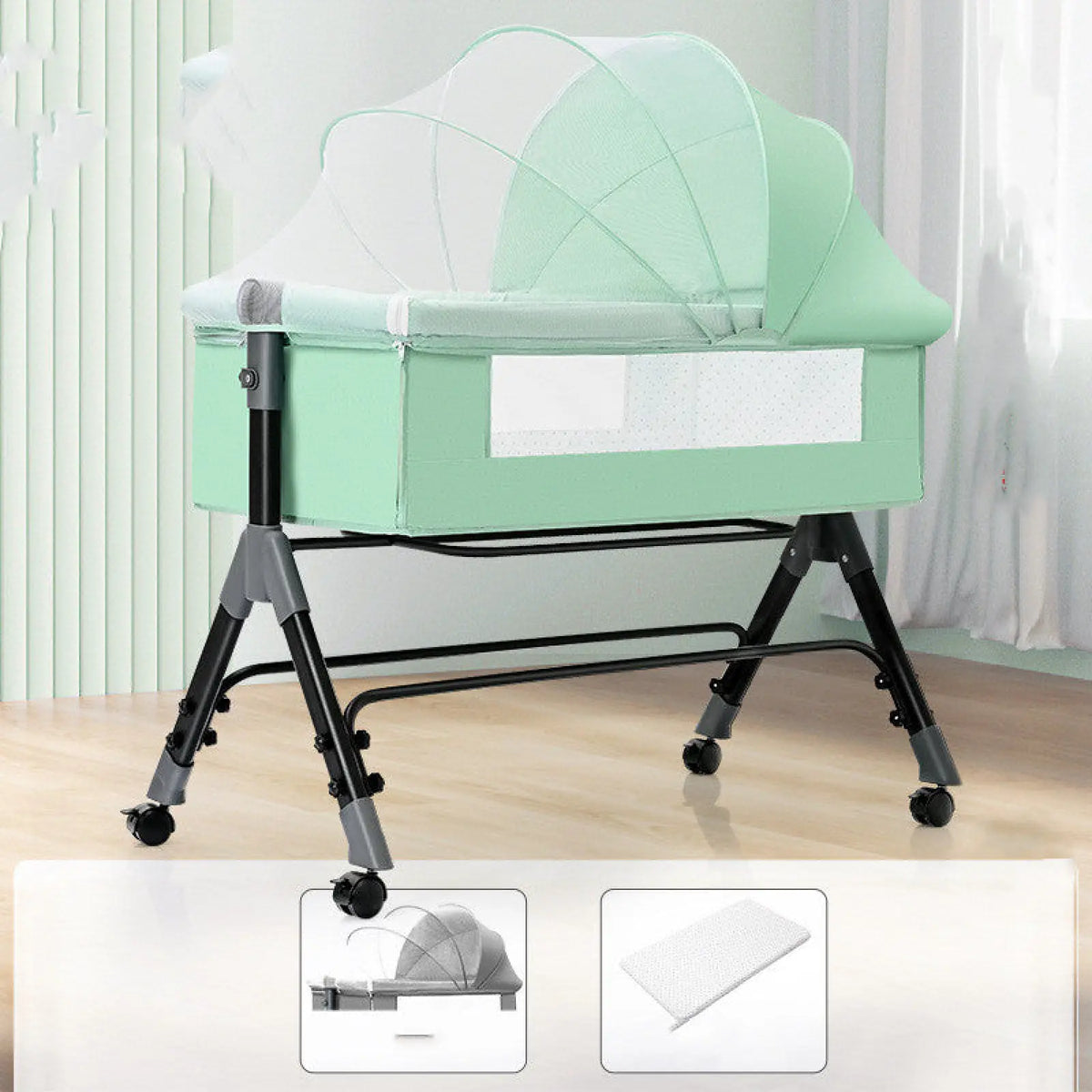 A mint green portable folding baby crib with mosquito net, mesh canopy, mattress, and black metal legs with wheels