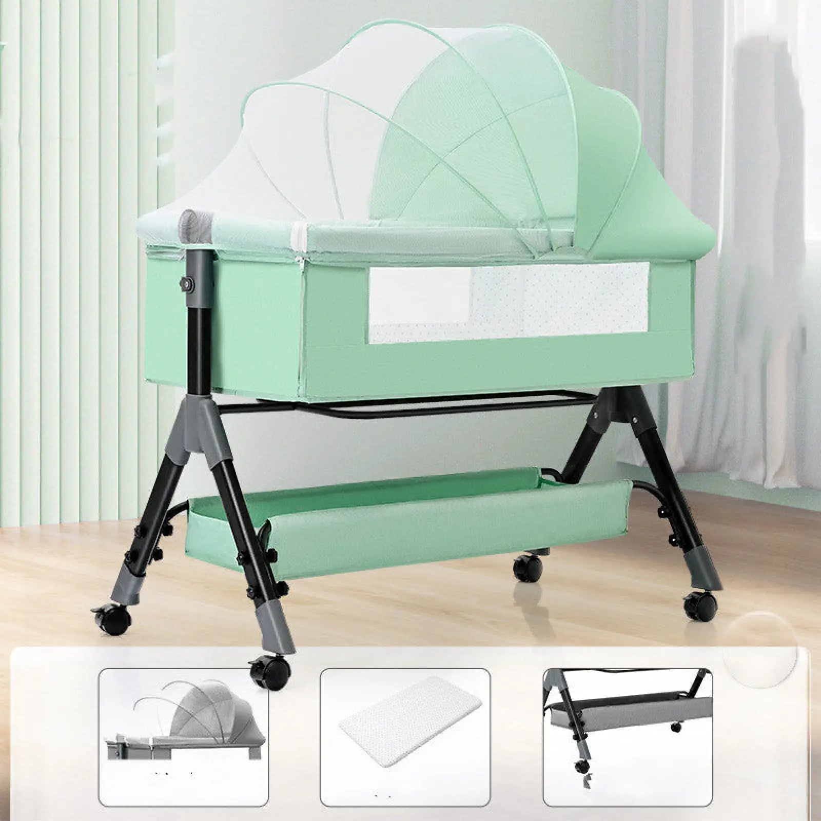 Portable folding baby crib in mint green with white mesh canopy black and gray metal frame and caster wheels