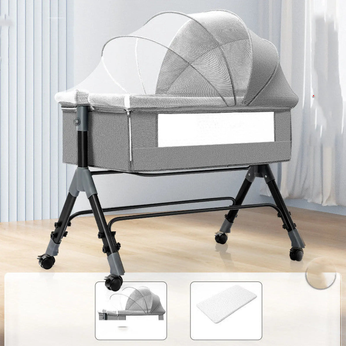 Gray fabric portable folding baby crib with mesh canopy black metal legs and caster wheels for easy mobility