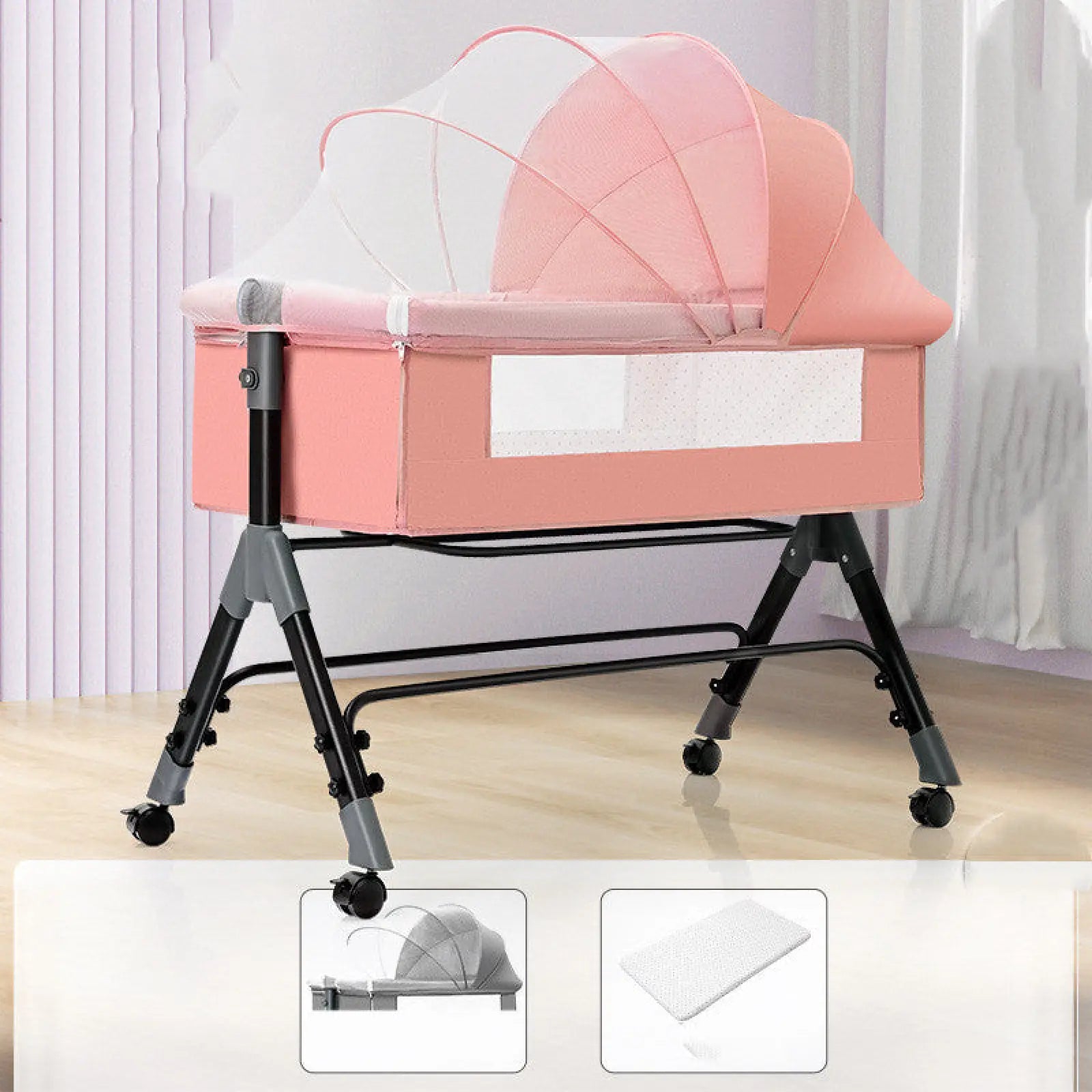 Portable folding pink baby crib with transparent mosquito net canopy and black metal legs with wheels and mattress