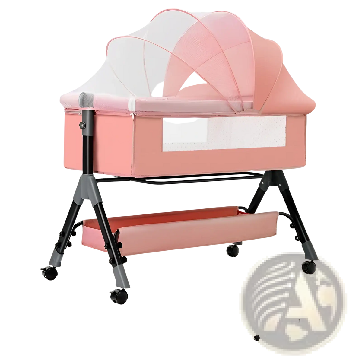 Pink portable folding baby crib with black metal frame wheels mesh canopy mosquito net and mattress for safe sleeping