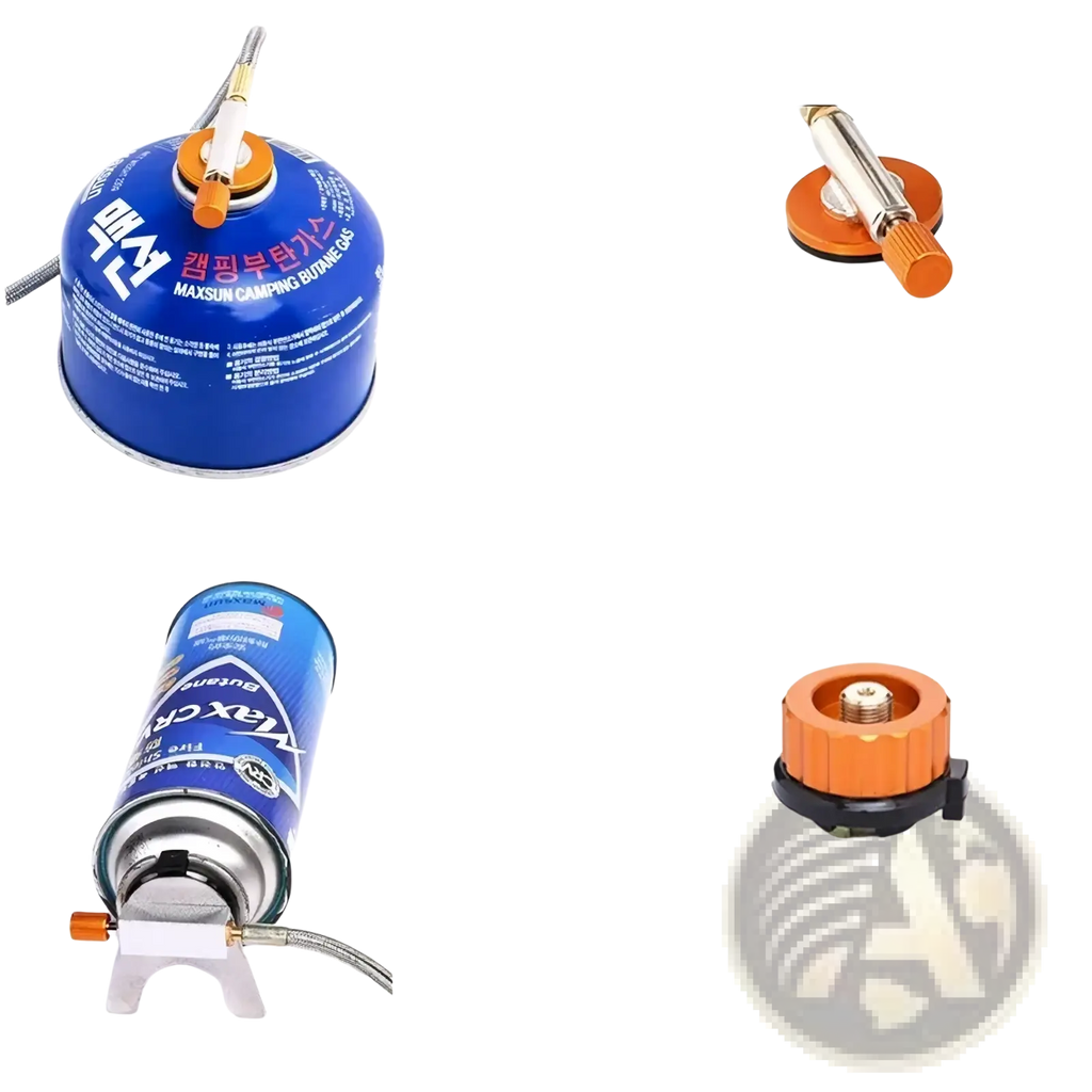 Blue cylindrical camping propane tank with orange valve and metallic fittings for portable folding camping gas stove 3500w