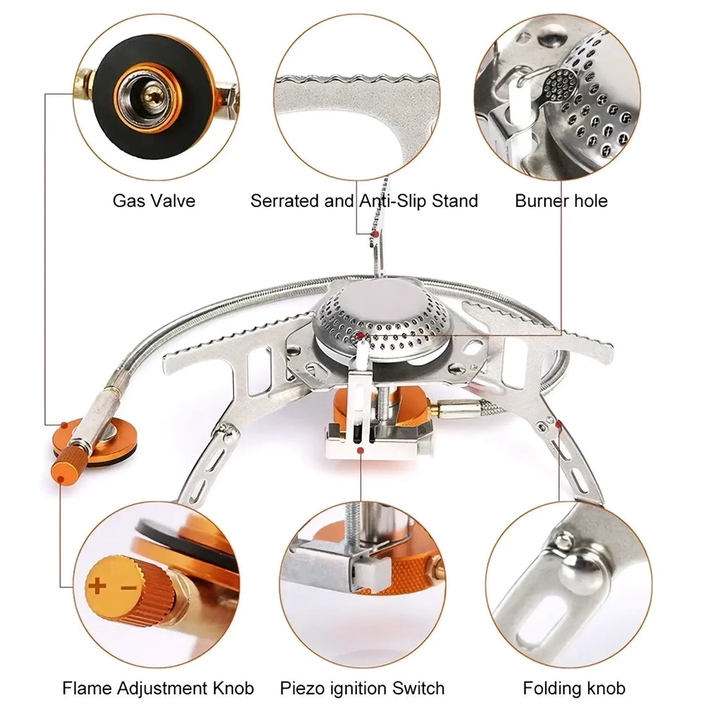Portable folding camping gas stove 3500w in silver and orange with foldable design and serrated anti-slip stand