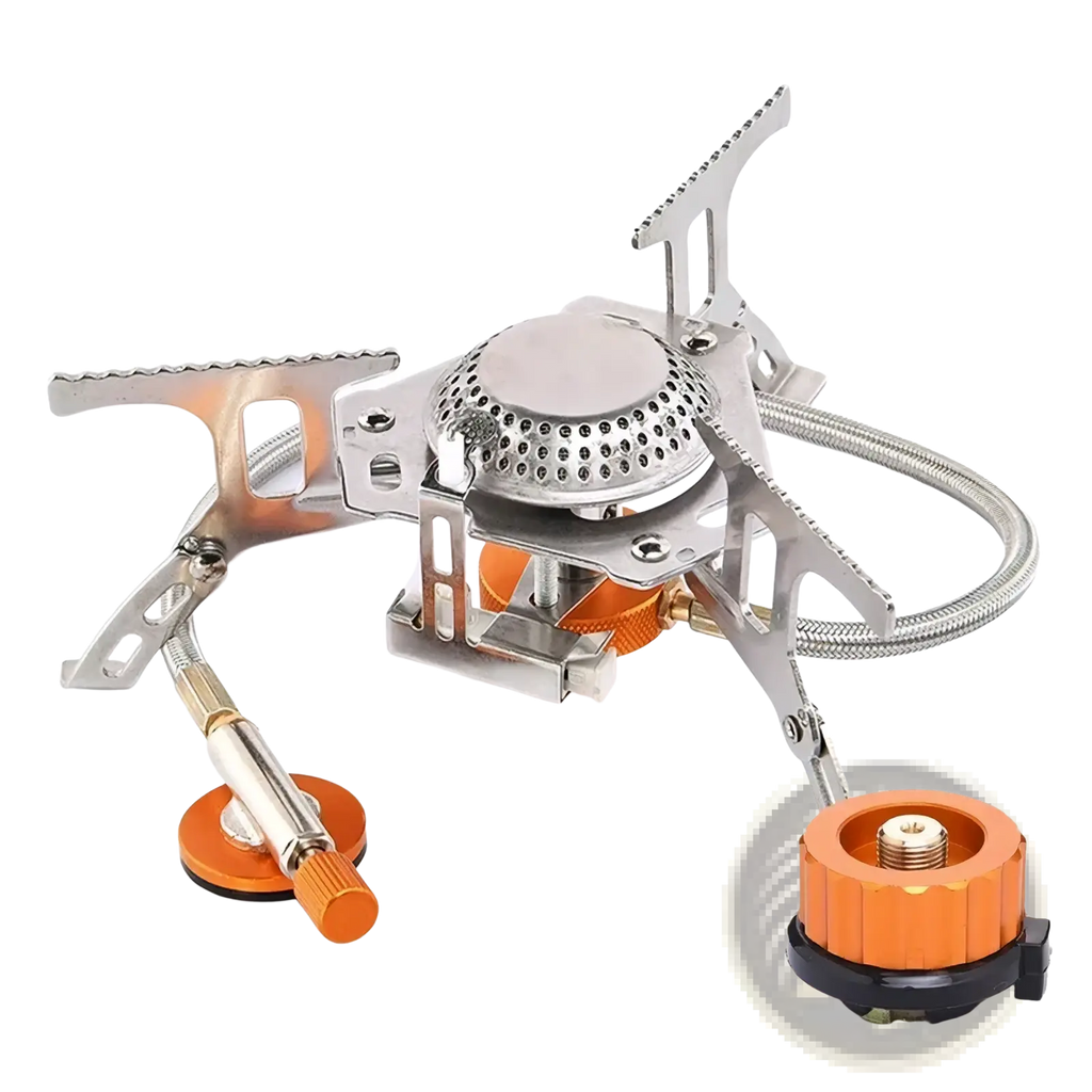 Portable folding camping gas stove 3500w silver and orange with foldable metal frame and flexible gas hose