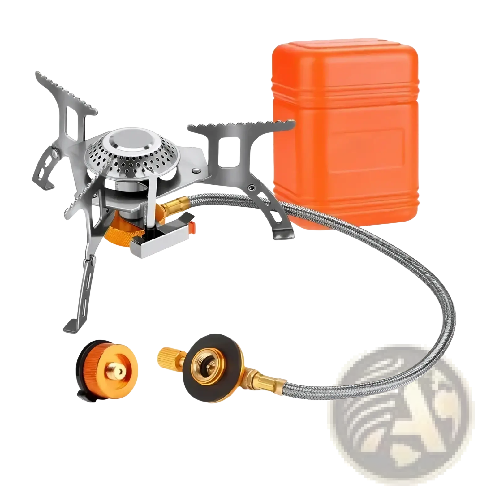 Portable folding camping gas stove 3500w in silver and orange with foldable metal legs and connected flexible hose
