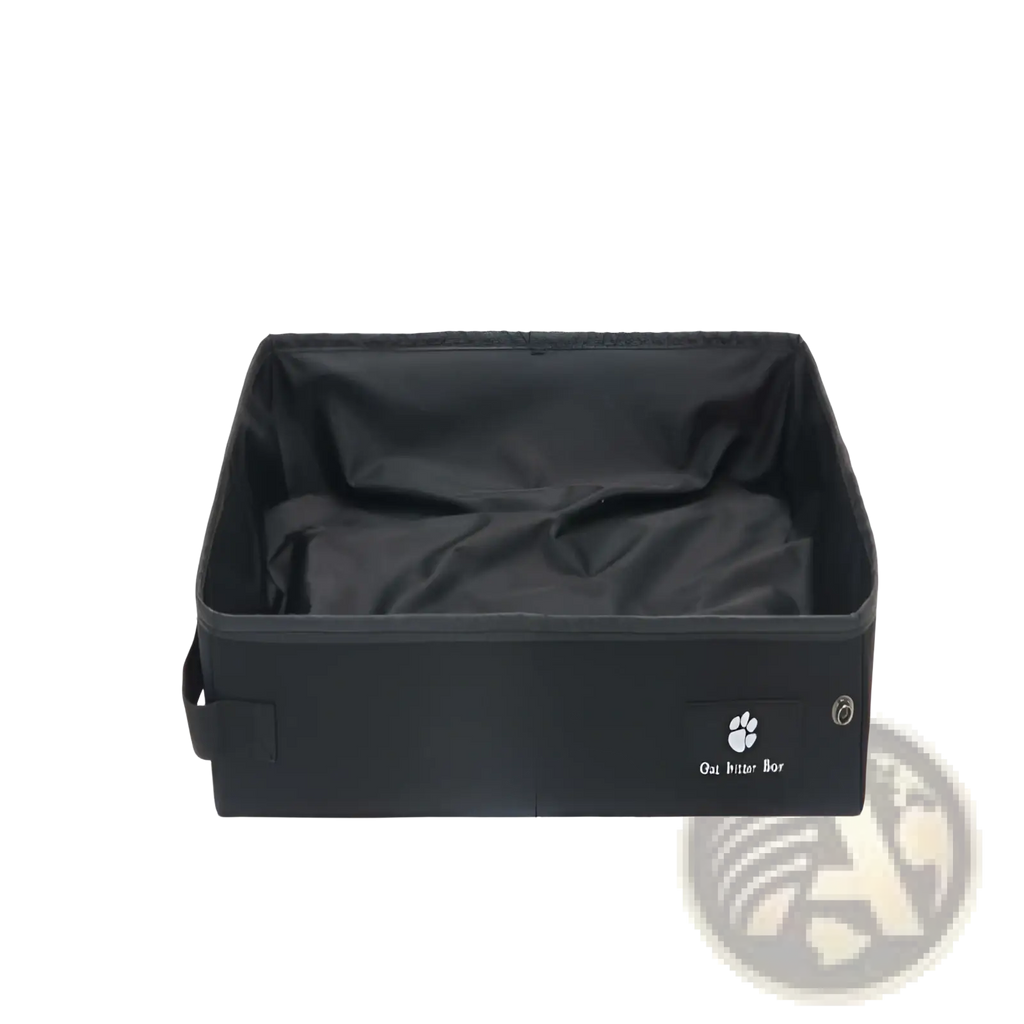 Portable folding cat litter box in black with foldable design, soft interior lining, and paw print logo on the side