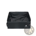 Portable folding cat litter box in black with foldable design, soft interior lining, and paw print logo on the side