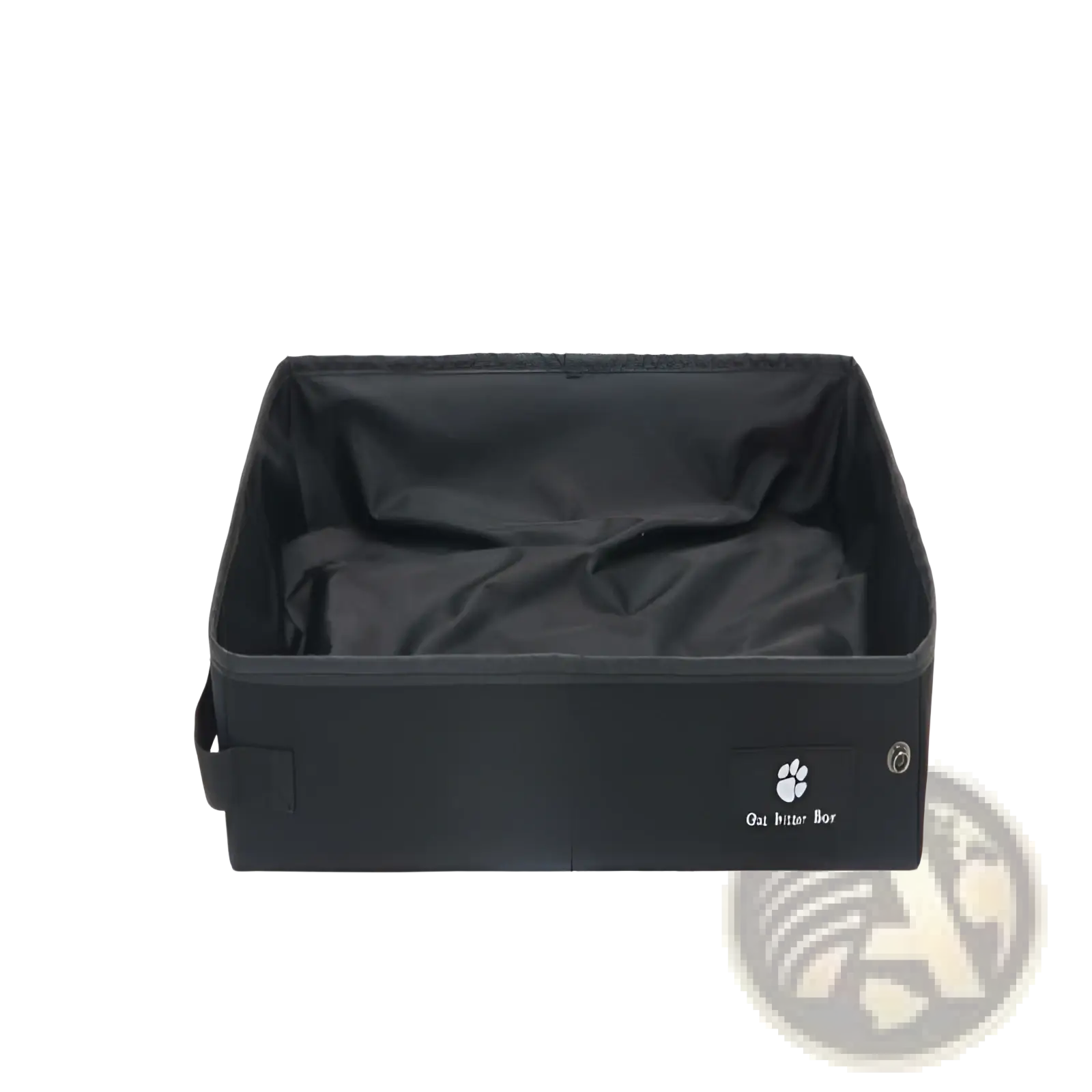 Portable folding cat litter box in black with foldable design, soft interior lining, and paw print logo on the side