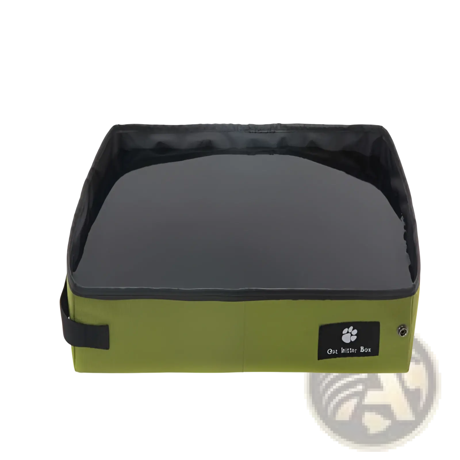 Portable folding cat litter box in olive green with black interior and paw print label for easy storage and travel