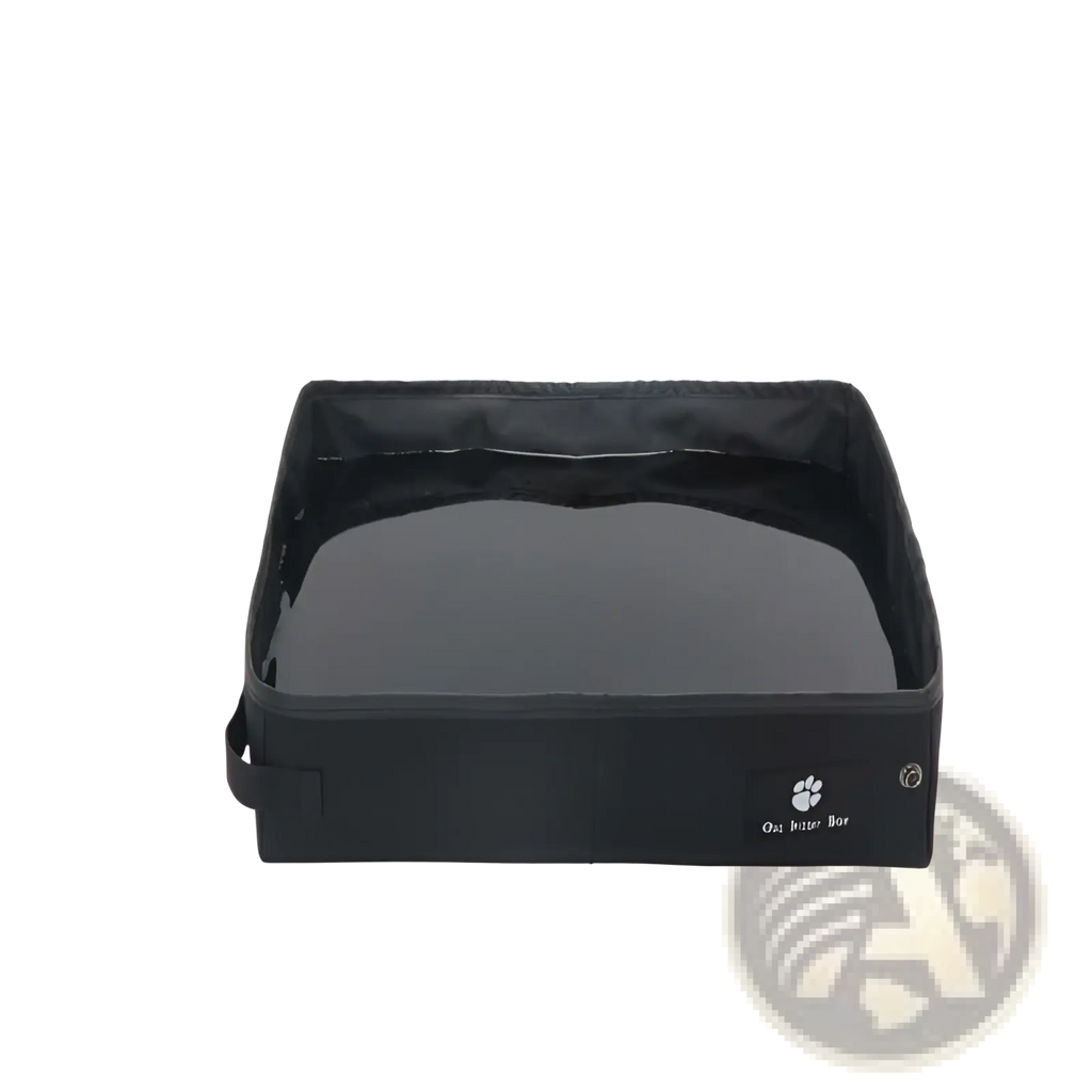 Black collapsible pet water bowl with sleek glossy interior and reinforced fabric exterior for portable folding cat litter box